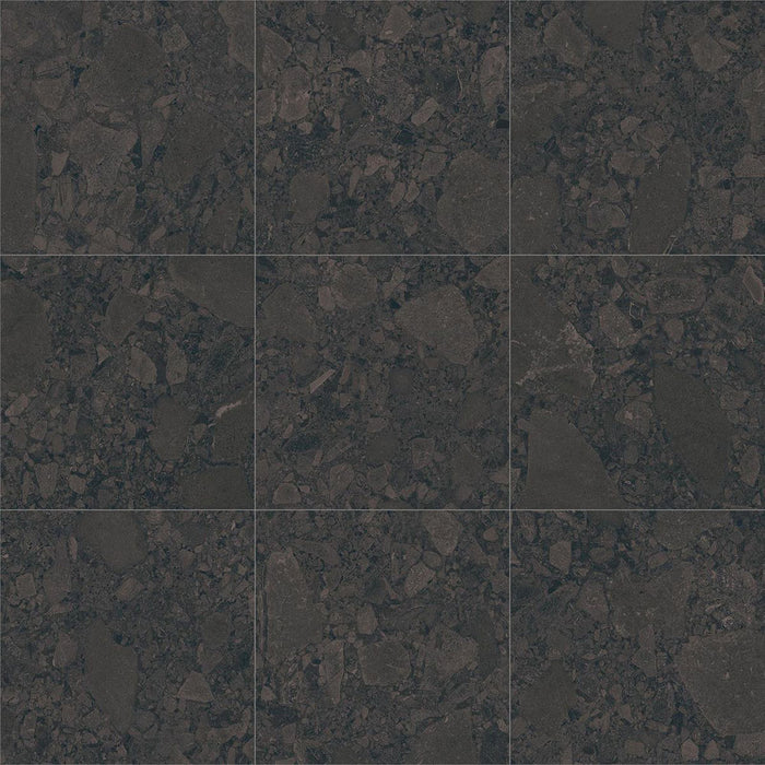 Tile sheet showing Terrazerri Terrazzo Black 60x60cm porcelain tiles arranged in a 3x3 layout. The deep charcoal terrazzo effect features layered dark stone fragments with subtle tonal variation, creating a bold, contemporary surface for modern walls and floors.