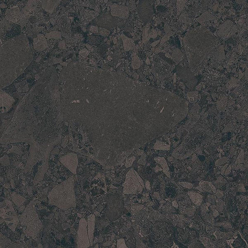 Close-up of Terrazerri Terrazzo Black 60x60cm porcelain tile featuring a deep charcoal terrazzo effect. The design combines large and small dark stone fragments with subtle tonal variation, creating a dramatic, contemporary surface for modern walls and floors.