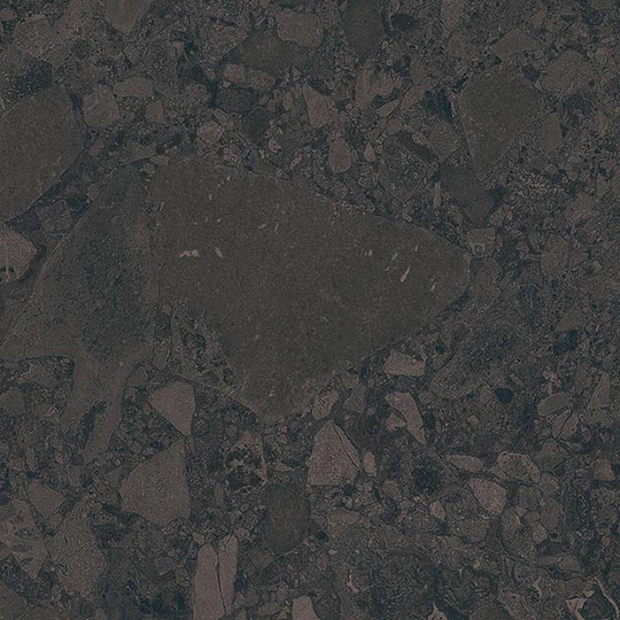 Close-up of Terrazerri Terrazzo Black 60x60cm porcelain tile featuring a deep charcoal terrazzo effect. The design combines large and small dark stone fragments with subtle tonal variation, creating a dramatic, contemporary surface for modern walls and floors.