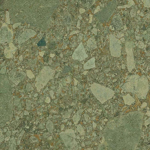 Close-up of Terrazerri Terrazzo Green 60x60cm porcelain tile featuring a terrazzo effect in soft sage green tones. The design combines large and small stone fragments with subtle warm brown flecks, creating a natural, contemporary surface with depth and texture for walls and floors.