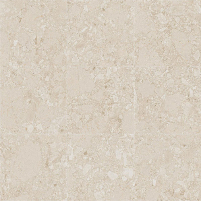 Tile sheet showing Terrazerri Terrazzo Ivory 60x60cm porcelain tiles arranged in a 3x3 layout. The warm ivory terrazzo effect features soft cream and beige stone fragments with subtle tonal variation, creating a timeless, natural look ideal for contemporary floors and walls.