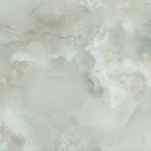 Close-up of Thebes Green Honed Matt Onyx 60x60cm porcelain tile featuring soft green onyx-effect veining with cloudy white and pale sage tones. The honed matt finish creates a natural stone look, ideal for bathroom walls, feature walls and luxurious interior spaces.