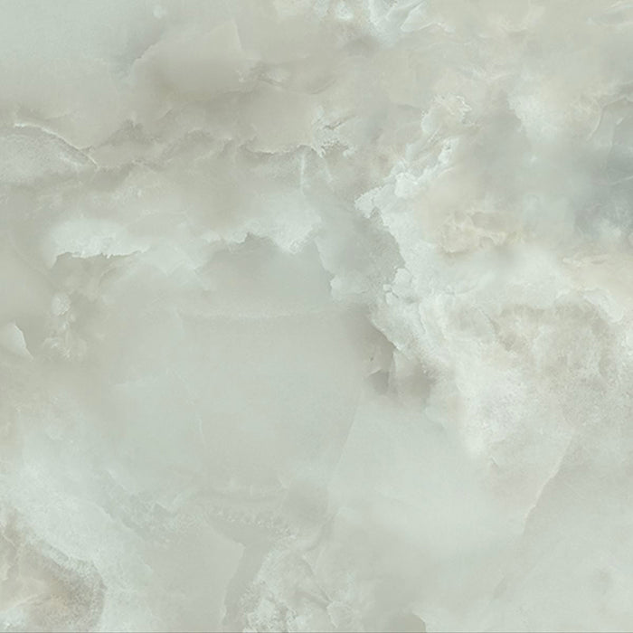 Close-up of Thebes Green Honed Matt Onyx 60x60cm porcelain tile featuring soft green onyx-effect veining with cloudy white and pale sage tones. The honed matt finish creates a natural stone look, ideal for bathroom walls, feature walls and luxurious interior spaces.