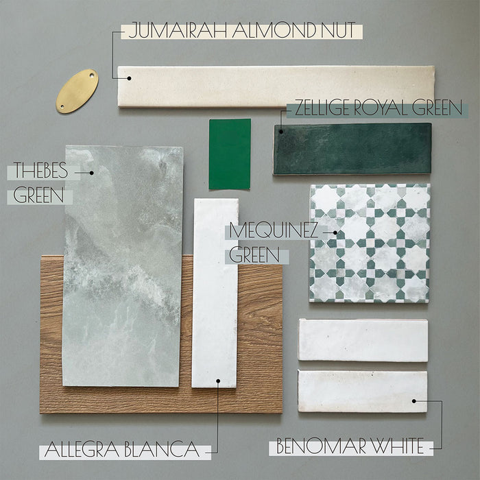 Flat lay moodboard featuring Thebes Green Honed Matt Onyx porcelain tile paired with complementary green and neutral wall tiles, including Zellige Royal Green, Jumairah Almond Nut, Allegra Blanca, Benomar White and Mequinez Green. Wood effect samples, brass accents and paint swatches complete the contemporary bathroom design palette.