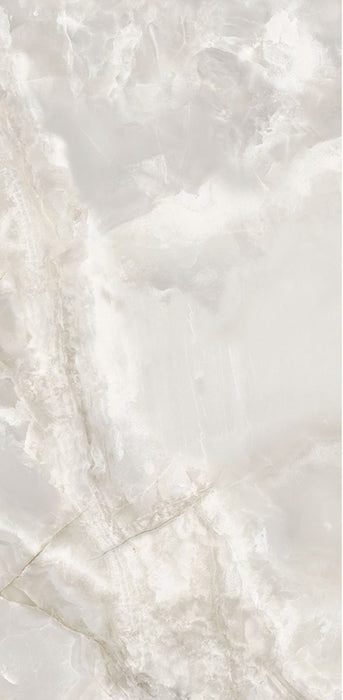 Close-up of Thebes White Honed Matt Onyx 60x120cm porcelain tile featuring soft white onyx-effect veining with delicate grey and warm beige tones. The honed matt finish creates a luxurious natural stone look, perfect for bathroom walls, feature walls and elegant interior spaces.