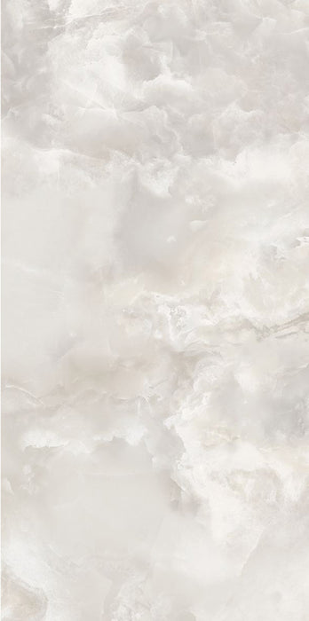 Close-up of Thebes White Honed Matt Onyx 60x120cm porcelain tile featuring soft white onyx-effect veining with delicate grey and warm beige tones. The honed matt finish creates a luxurious natural stone look, perfect for bathroom walls, feature walls and elegant interior spaces.