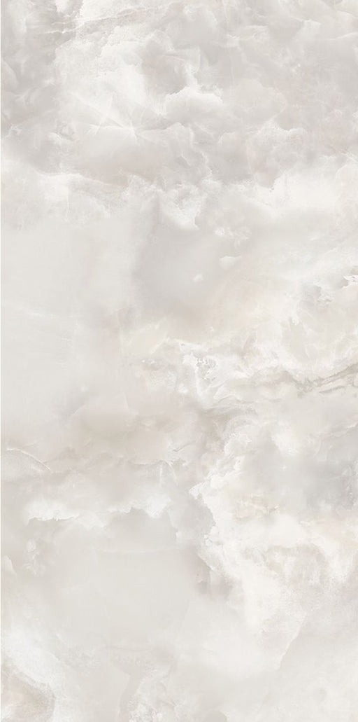 Close-up of Thebes White Honed Matt Onyx 60x120cm porcelain tile featuring soft white onyx-effect veining with delicate grey and warm beige tones. The honed matt finish creates a luxurious natural stone look, perfect for bathroom walls, feature walls and elegant interior spaces.