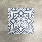Four London Streets Thornton Place 20x20cm Victorian Moroccan style porcelain tiles arranged together to showcase the repeating blue and white geometric pattern inspired by traditional Victorian style decorative floor tiles.