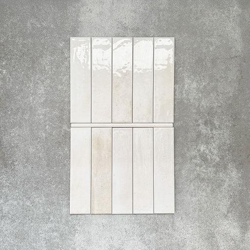 Allegra Blanca Gloss pencil bullnose border ceramic tiles in a 1.2 × 30cm format, shown laid vertically to highlight the glossy white finish and subtle handmade-style tonal variation, ideal for edging and decorative borders.