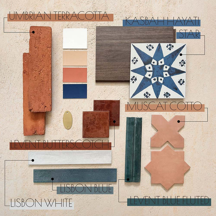 Moodboard featuring Umbrian Handmade Terracotta Brick 7.5x30cm wall and floor tiles, paired with navy blue Moroccan-style patterned tiles, blush pink geometric tiles, blue and white brick tiles, warm terracotta tones and dark wood finishes.