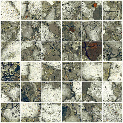Close-up of Venice Emerald matt terrazzo effect porcelain mosaic tiles, featuring green-grey tones, oversized marble chips and natural stone detailing, ideal for splashbacks, shower walls, feature walls and decorative accents.