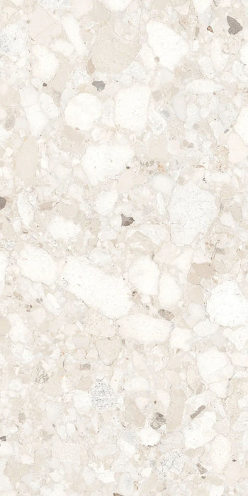Close-up of Venice Ivory matt terrazzo effect 2cm porcelain paving in a 60 x 120cm format, featuring soft ivory stone fragments and an anti-slip finish for stylish outdoor patios, terraces and garden spaces.