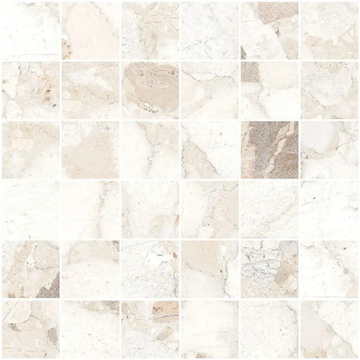 Close-up of Venice Ivory matt terrazzo effect mosaic tiles in a 30 x 30cm sheet, featuring soft ivory and beige stone fragments for stylish splashbacks, shower walls and decorative feature areas.