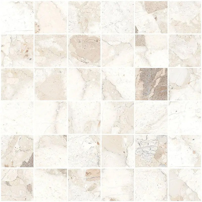 Close-up of Venice Ivory matt terrazzo effect mosaic tiles in a 30 x 30cm sheet, featuring soft ivory and beige stone fragments for stylish splashbacks, shower walls and decorative feature areas.