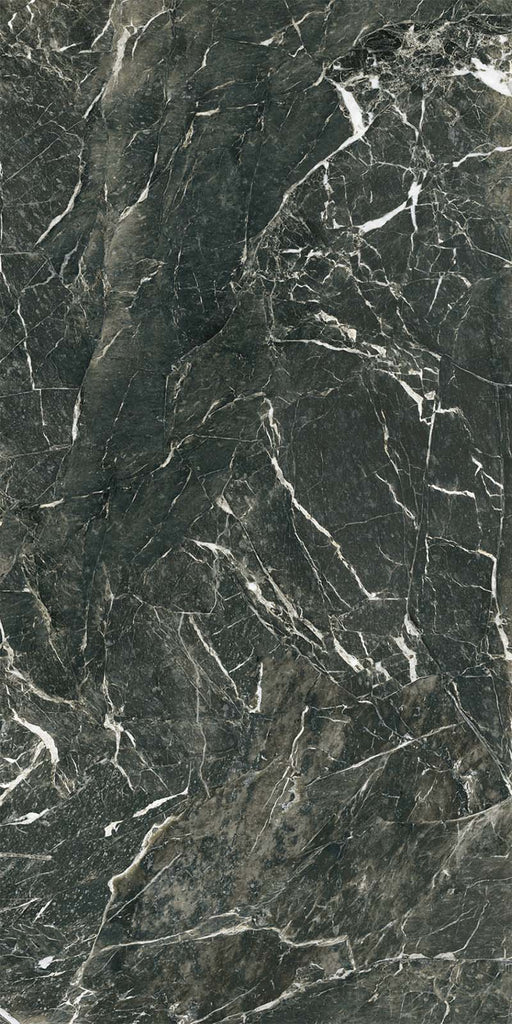 Close-up of Verde Apia Polished Green Marble effect 60 × 120cm porcelain tile, showcasing deep green tones with fine white veining, high-gloss finish, and natural stone-inspired pattern variation.
