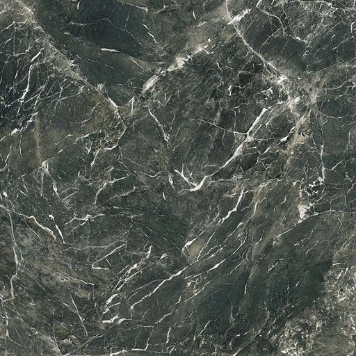 Close-up of Verde Apia Polished Green Marble effect 60 × 60cm porcelain tile, showcasing rich deep green tones with fine white veining, high-gloss finish, and natural stone-inspired pattern variation.