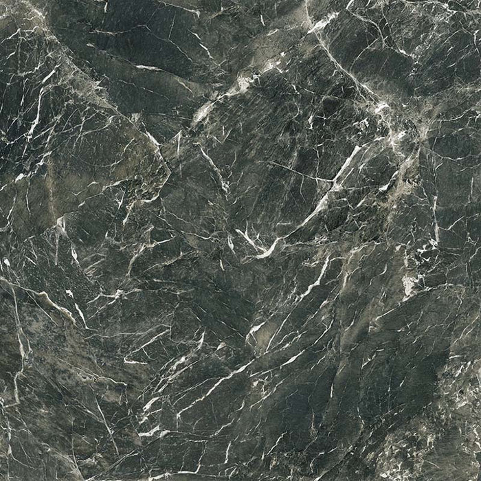 Close-up of Verde Apia Polished Green Marble effect 60 × 60cm porcelain tile, showcasing rich deep green tones with fine white veining, high-gloss finish, and natural stone-inspired pattern variation.