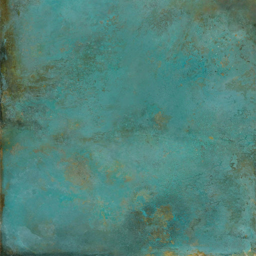 Close-up of Verde Copper Oxide 2cm thick porcelain floor tile featuring a metallic effect finish with rich turquoise, teal and oxidised copper tones, creating a beautifully weathered industrial-inspired surface for outdoor spaces.