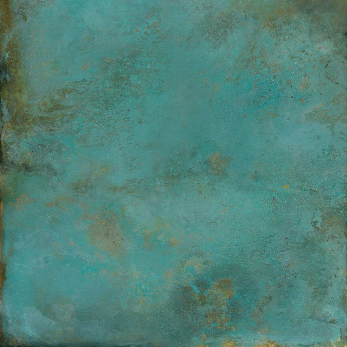 Close-up of Verde Copper Oxide 2cm thick porcelain floor tile featuring a metallic effect finish with rich turquoise, teal and oxidised copper tones, creating a beautifully weathered industrial-inspired surface for outdoor spaces.