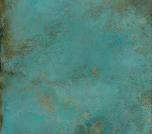Close-up of Verde Copper Oxide 60cm x 60cm metallic effect porcelain tile, featuring rich blue-green tones with subtle oxidised detailing, creating a contemporary industrial-inspired finish for walls and floors.
