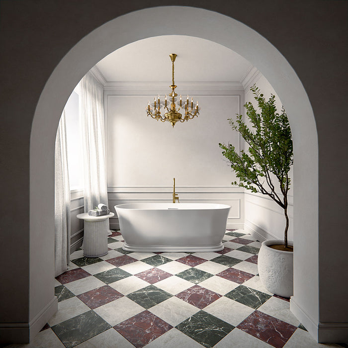 Bathroom interior featuring Divine Verde Green Matt Marble effect 30 × 30cm porcelain floor tiles in a chequerboard layout, styled with a freestanding bath, brass fittings, and soft natural light.