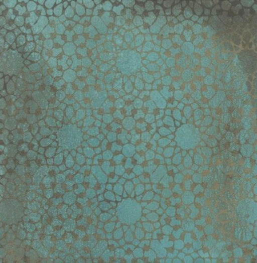 Close-up of Verde Patterns Copper Oxide 30cm x 30cm metallic effect porcelain tile, featuring intricate etched geometric patterns in rich blue-green tones for contemporary statement wall and floor designs.