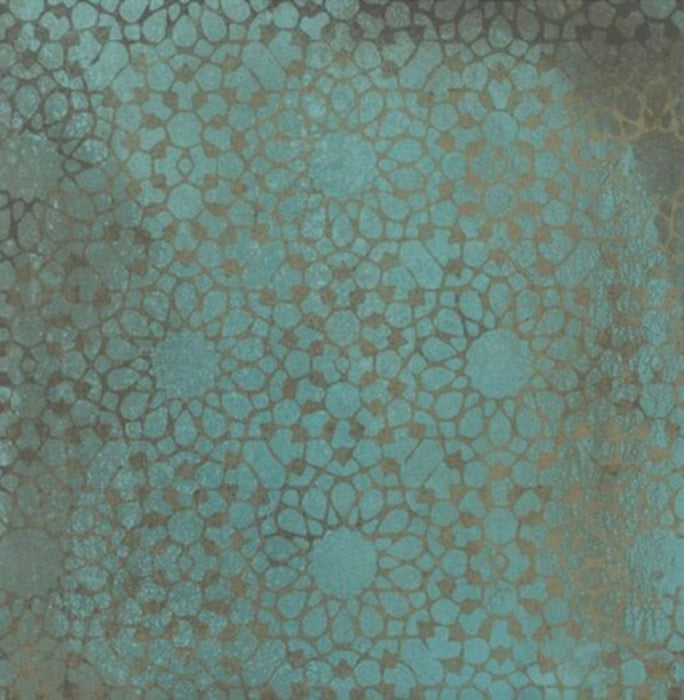 Close-up of Verde Patterns Copper Oxide 30cm x 30cm metallic effect porcelain tile, featuring intricate etched geometric patterns in rich blue-green tones for contemporary statement wall and floor designs.