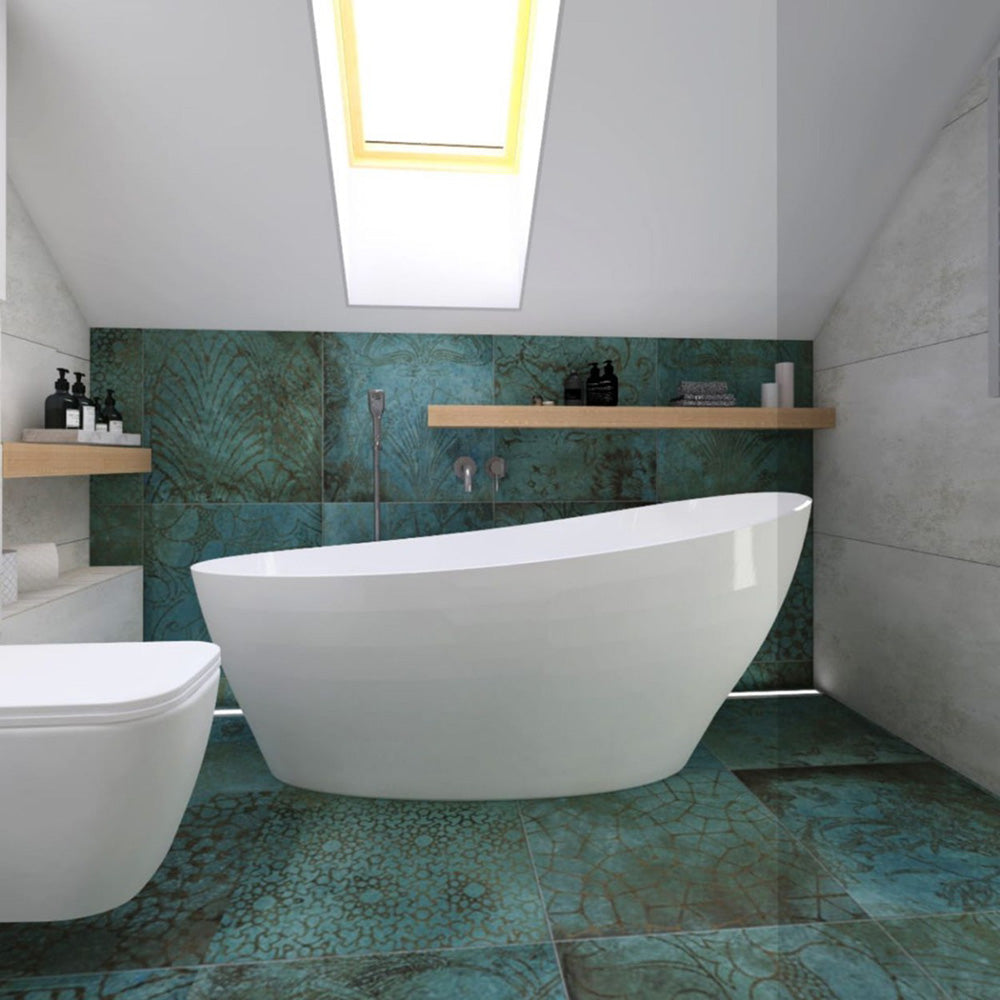 Contemporary bathroom featuring Verde Patterns Copper Oxide 60cm x 60cm metallic effect porcelain wall and floor tiles, paired with a freestanding bath, concrete effect walls, floating timber shelf and skylight.