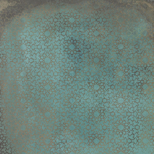 Close-up of Verde Patterns Copper Oxide 60cm x 60cm metallic effect porcelain tile, featuring an etched Art Deco-inspired fan pattern in rich blue-green tones for contemporary statement wall and floor designs.