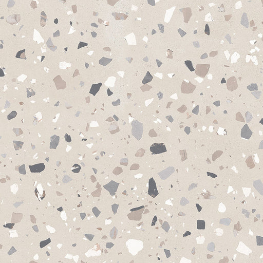 Close-up of Verona Medium Sand concrete effect porcelain tile featuring a warm sand-coloured terrazzo-inspired surface with medium-sized grey, taupe and white stone fragments, creating a timeless contemporary finish for walls and floors.