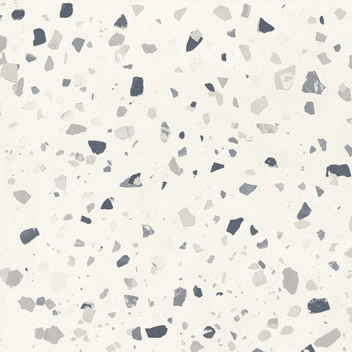 Close-up of Verona Medium White concrete effect porcelain tile featuring a white terrazzo-inspired surface with medium-sized grey and charcoal stone fragments, creating a clean, contemporary finish for walls and floors.