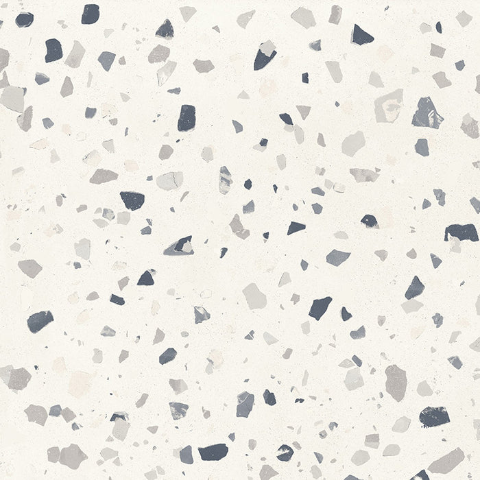 Close-up of Verona Medium White concrete effect porcelain tile featuring a white terrazzo-inspired surface with medium-sized grey and charcoal stone fragments, creating a clean, contemporary finish for walls and floors.