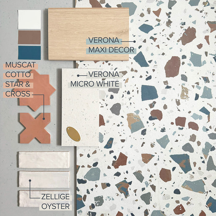 Flat lay moodboard featuring Verona Micro White concrete effect porcelain tile paired with colourful terrazzo effect tiles, handmade-style wall tiles, terracotta star and cross tiles, warm wood tones and brass accents for modern interior inspiration.