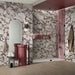 Bathroom interior featuring Viola Matt Honed Marble effect 60 × 120cm porcelain wall tiles, styled with a walk-in shower, burgundy vanity units, soft pink feature tiles, and bold veining creating a striking, design-led space.
