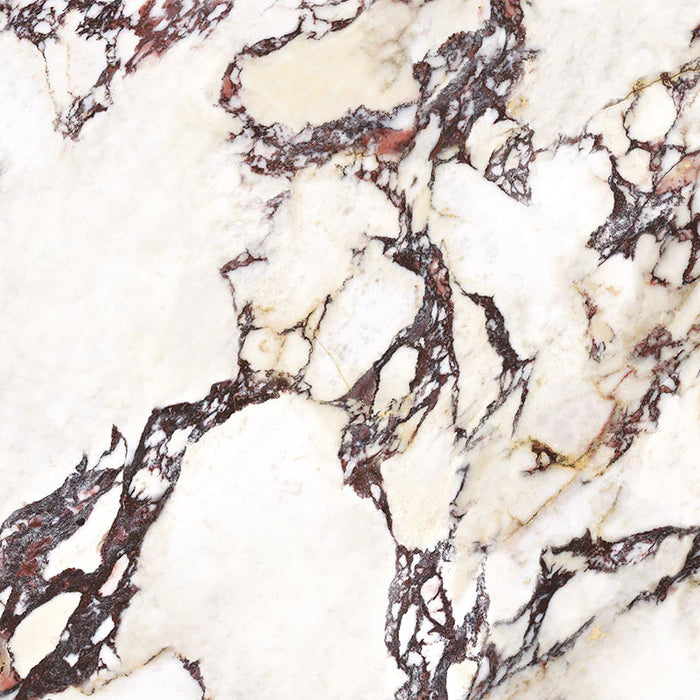 Close-up of Viola Matt Honed Marble effect 60 × 60cm porcelain tile, showcasing bold cream base with striking burgundy and charcoal veining, detailed surface texture, and natural stone-inspired pattern variation.