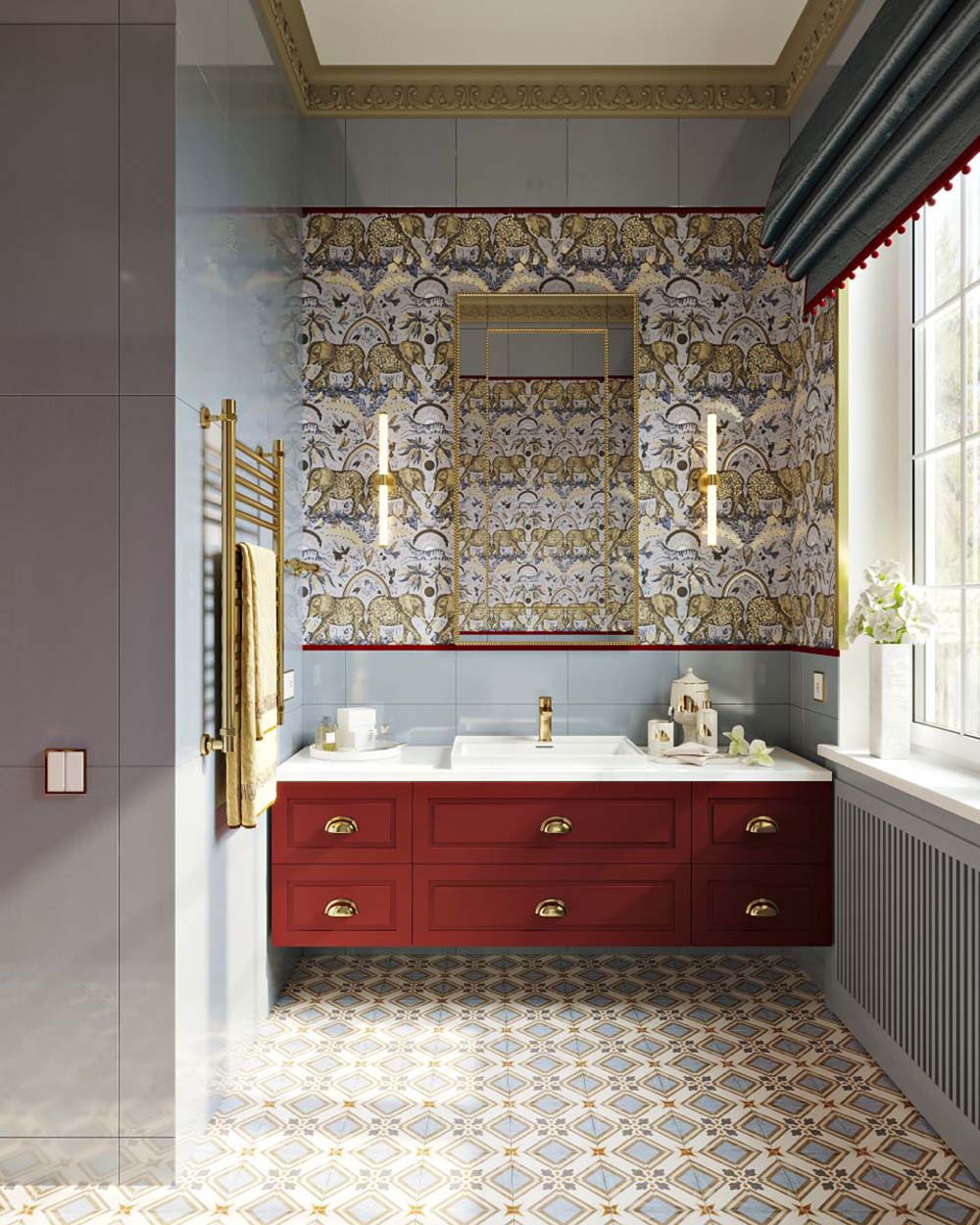 Bathroom featuring Viscount Turner 20cm x 20cm Victorian style wall and floor tiles, paired with a burgundy vanity, soft blue wall tiles, brass fittings, botanical feature walls and elegant traditional detailing.