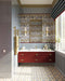 Bathroom featuring Viscount Turner 20cm x 20cm Victorian style wall and floor tiles, paired with a burgundy vanity, soft blue wall tiles, brass fittings, botanical feature walls and elegant traditional detailing.