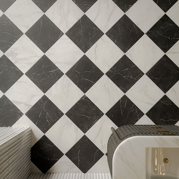 Vitoria Classic Black 30cm x 30cm marble effect tiles, paired with white marble effect tiles in a striking chequerboard floor, featuring subtle veining and timeless monochrome contrast.