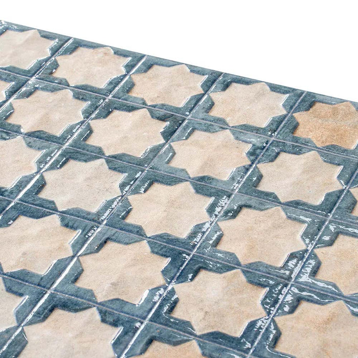Close-up of Zanzibar Moroccan Arena Blue wall tiles, featuring a blue and cream Moroccan style geometric star pattern with a softly aged finish, ideal for creating decorative kitchen and bathroom feature walls.