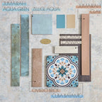 Moodboard featuring Cuba Bayamo patterned tiles, Zellige Aqua Moroccan-style tiles, Jumairah Aqua Green and Clay, Benomar Canvas, and Oviedo Brick, paired with wood, brass accents, and warm neutral and blue-green tones.