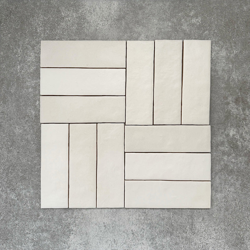 Basketweave layout featuring Zellige Chalk White Moroccan-style brick tiles in a 6.5 × 20cm format.