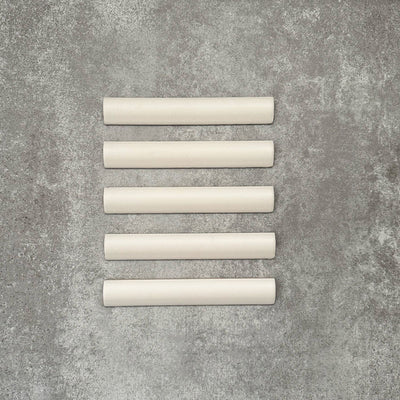 Zellige Chalk White Moroccan-style bullnose tiles in a 3 × 20cm format, shown in a soft matt ceramic finish.