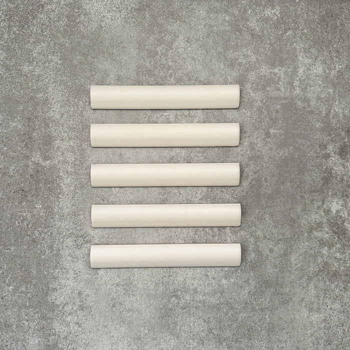 Zellige Chalk White Moroccan-style bullnose tiles in a 3 × 20cm format, shown in a soft matt ceramic finish.