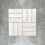 Basketweave layout featuring Zellige Oyster Brick Moroccan-style ceramic tiles in a 6.5 × 20cm format, combining horizontal and vertical placement to highlight the handmade texture, soft oyster tones and subtle surface variation of the glazed tiles.