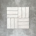 Basketweave layout featuring Zellige Oyster Brick Moroccan-style ceramic tiles in a 6.5 × 20cm format, combining horizontal and vertical placement to highlight the handmade texture, soft oyster tones and subtle surface variation of the glazed tiles.