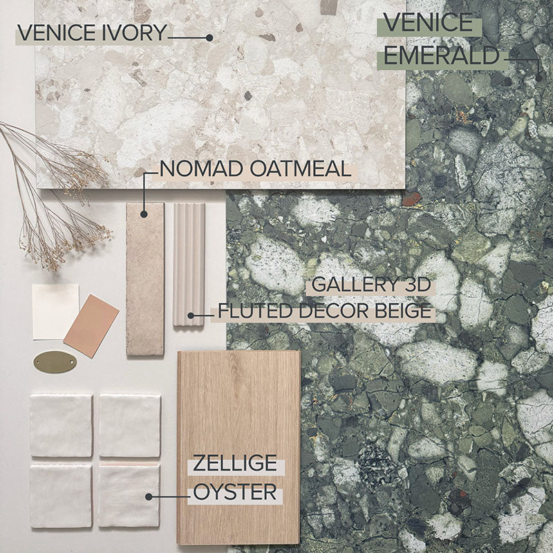 Moodboard featuring Zellige Oyster Square 10 × 10cm Moroccan-style ceramic tiles, paired with terrazzo-effect surfaces, soft beige tones and green accents.