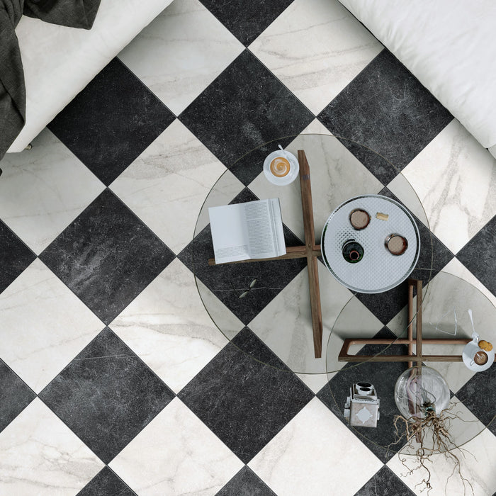 Vitoria Antique Black Marble Style Chequerboard Tiles | 30cm x 30cm