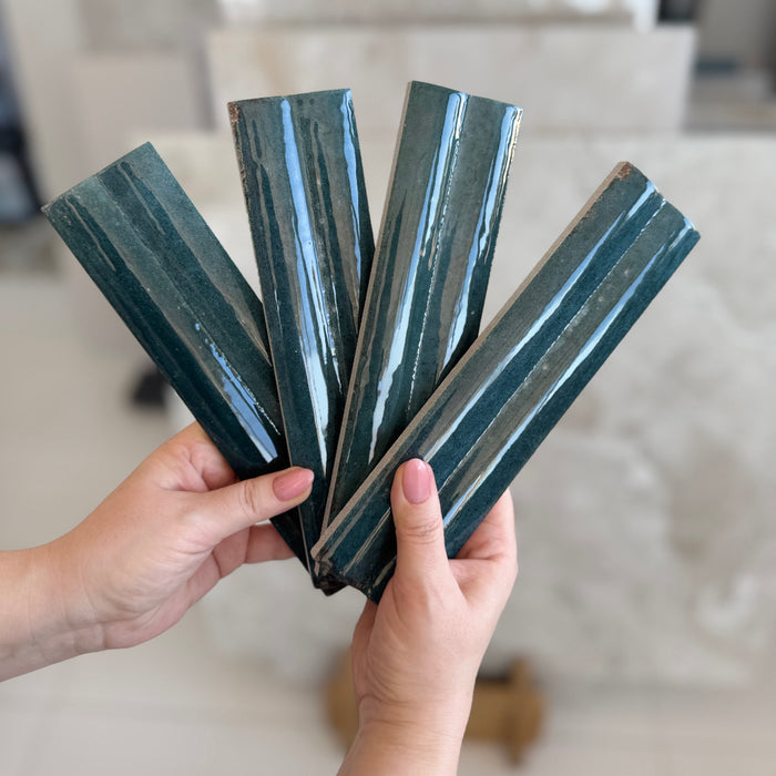 Levent Tiles Blue Fluted Gloss Decor Porcelain Tiles 6cm x 24cm