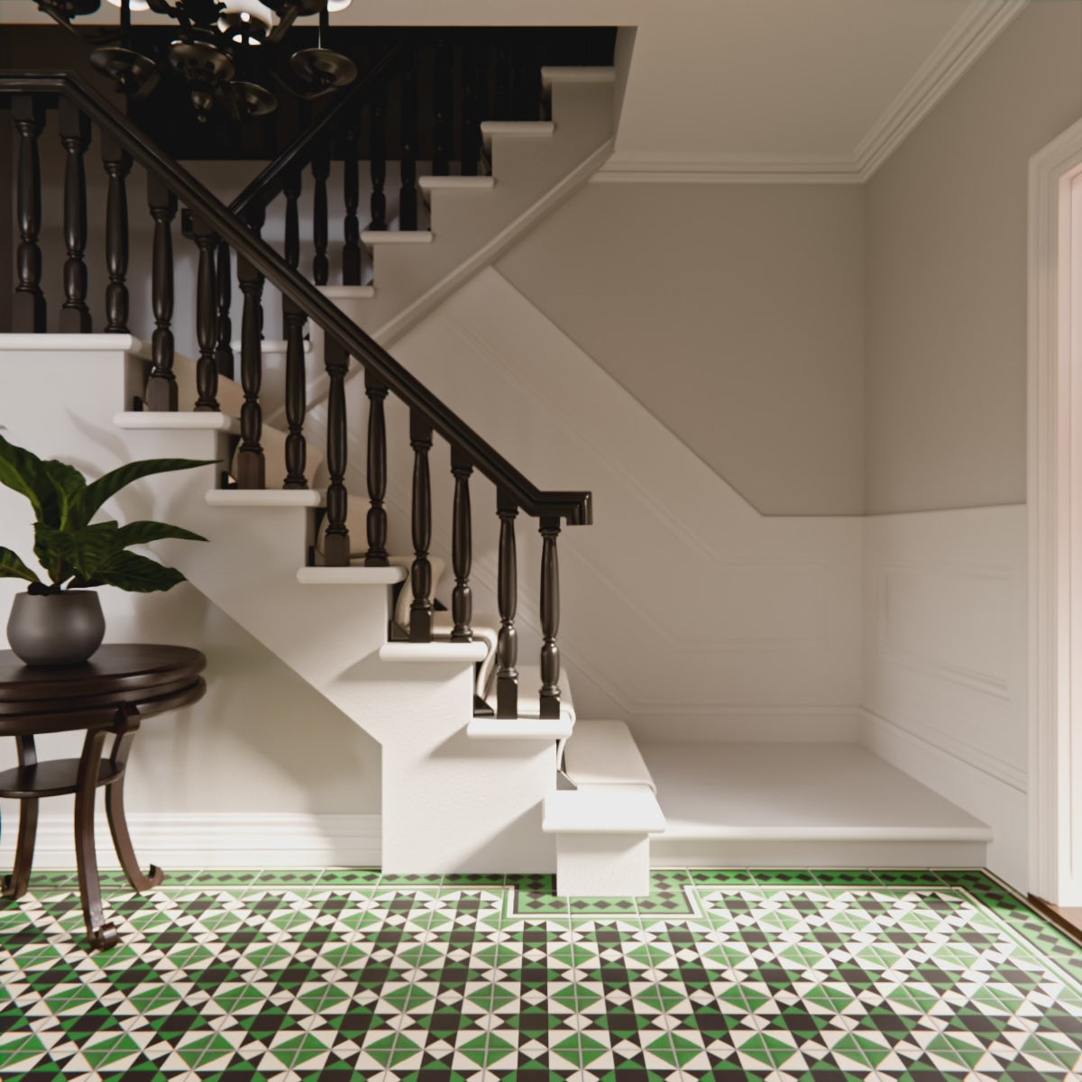 Video showcasing Greenbrook Manor anti-slip encaustic Victorian-style porcelain tiles in a green, black and white geometric pattern, highlighting the decorative detailing and slip-resistant finish when laid on an outdoor floor.