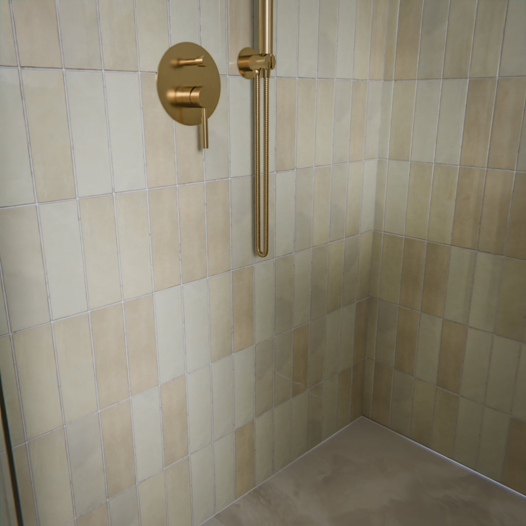 Interior scene featuring Zellige Bone Brick Moroccan style ceramic wall tiles in 6.5cm x 20cm format, showcasing soft bone tones and subtle surface variation, laid in a classic brick pattern for kitchens or bathrooms.